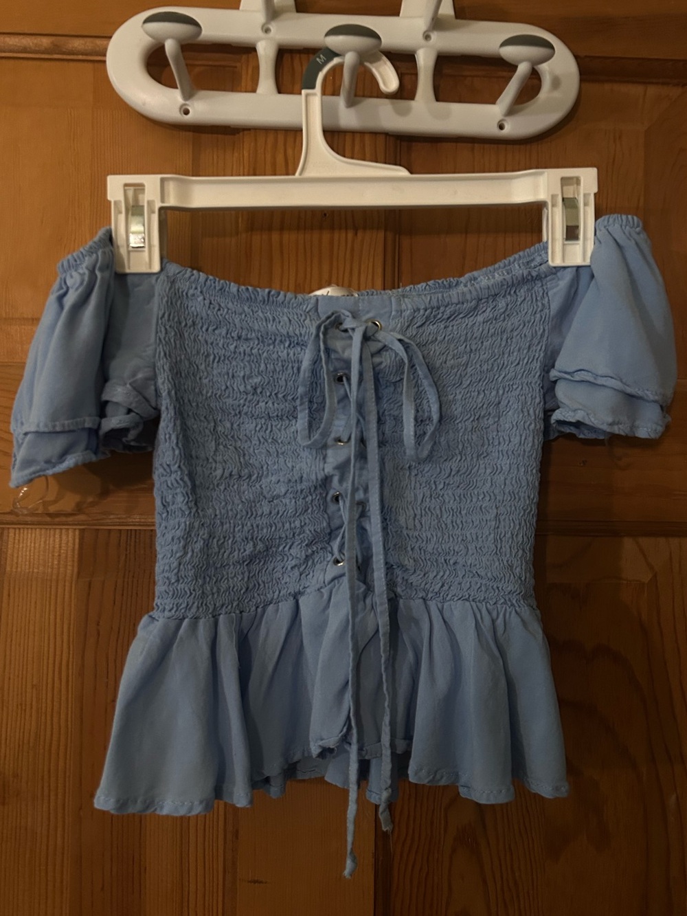 Smocked Off-Shoulder Blue Peplum Top